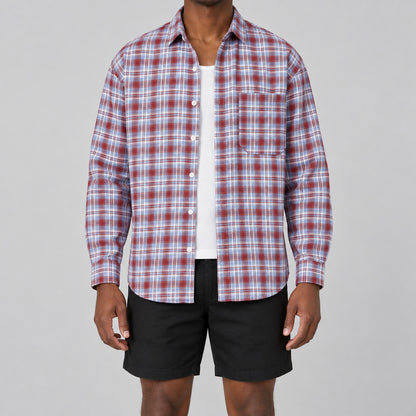 Men's red  plaid loose casual long-sleeved shirt