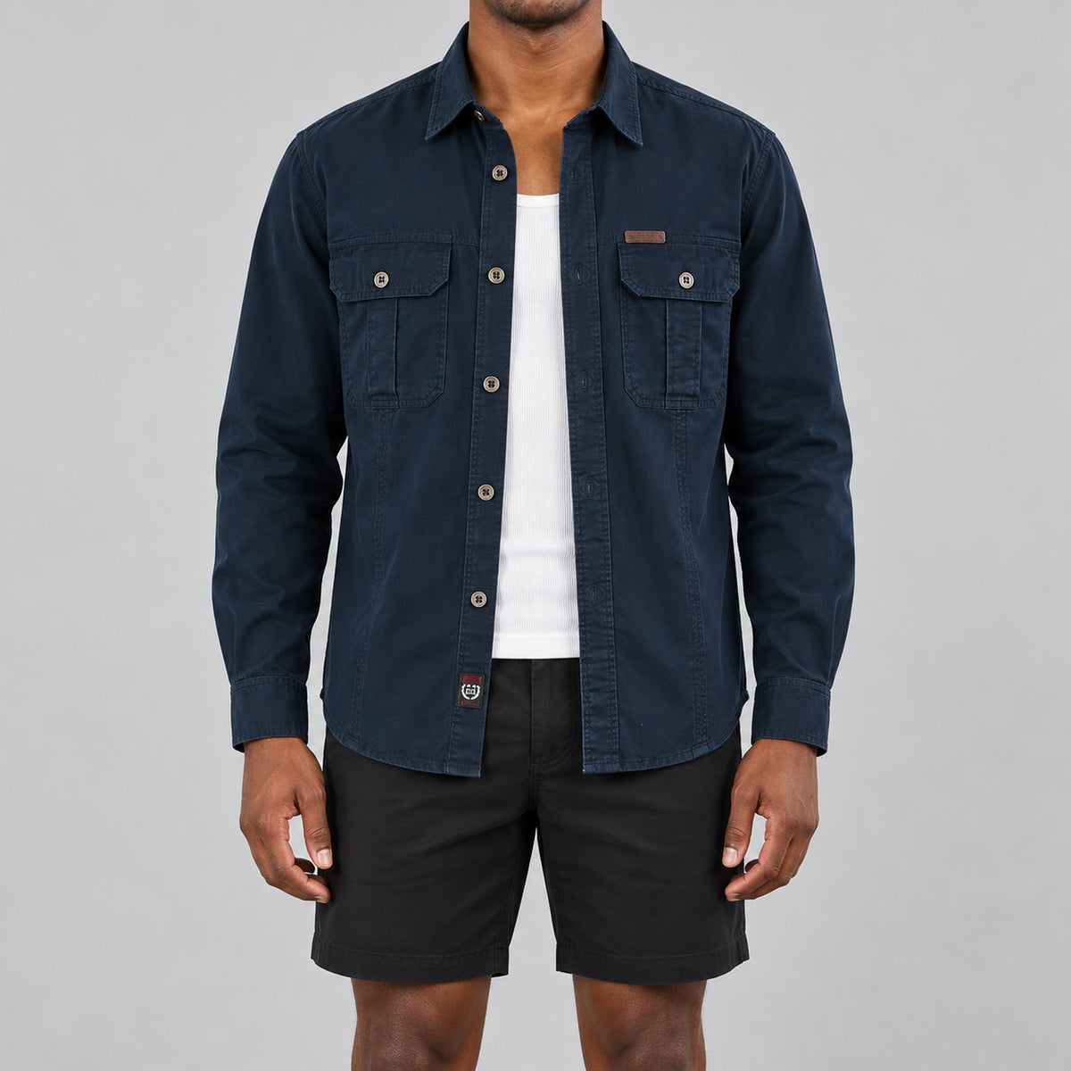 Men's Deep Blue Cotton Long-Sleeved Jacket