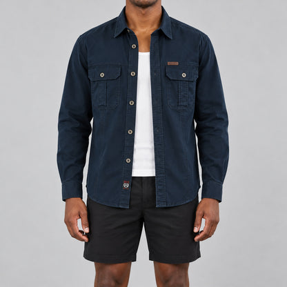Men's Deep Blue Cotton Long-Sleeved Jacket