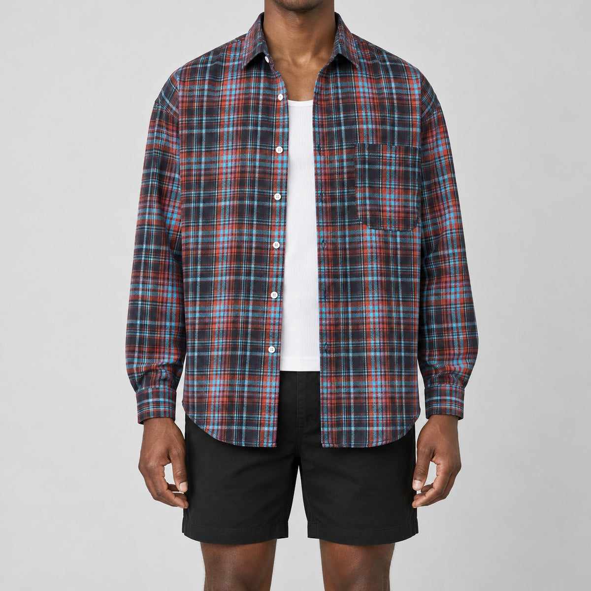 Men’s red and blue plaid loose-fit casual long-sleeve shirt