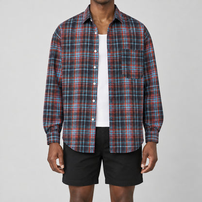 Men’s red and blue plaid loose-fit casual long-sleeve shirt