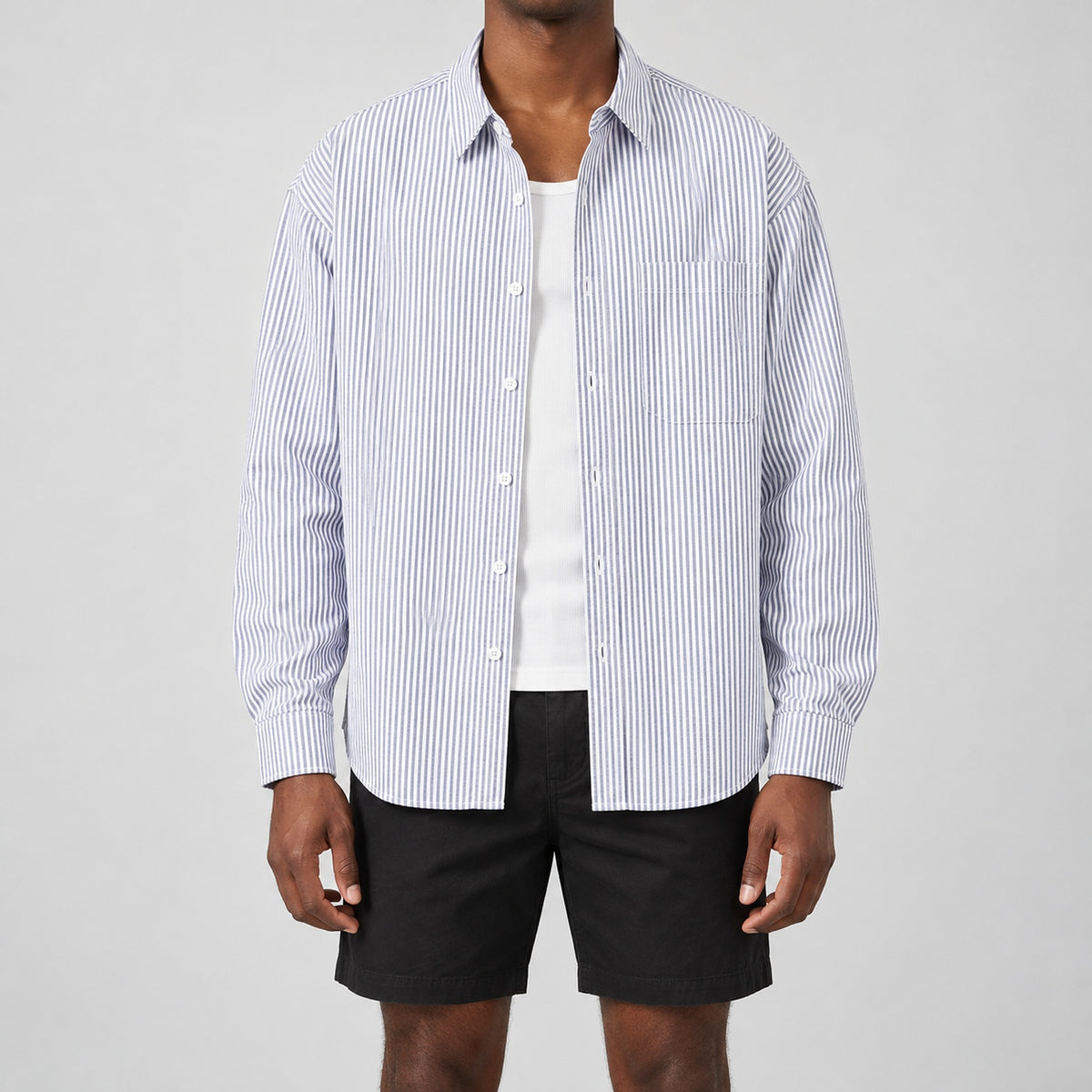 Men's blue and white striped loose casual long-sleeved shirt