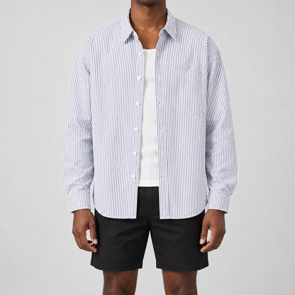Men's blue and white striped loose casual long-sleeved shirt