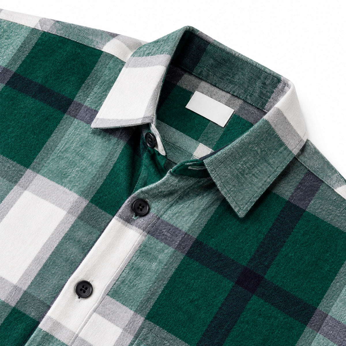 Men's fashionable green and white checkered long-sleeved shirt