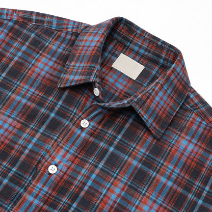 Men’s red and blue plaid loose-fit casual long-sleeve shirt