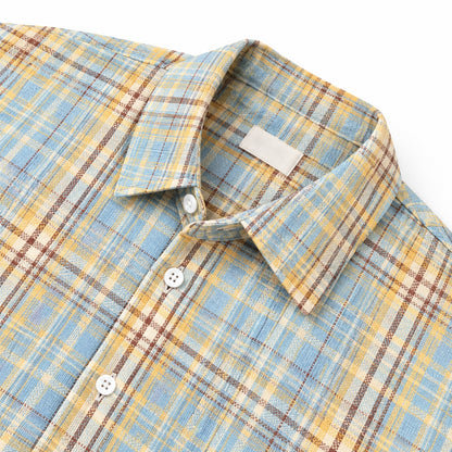 Men's light blue and yellow-brown plaid loose casual long-sleeved shirt