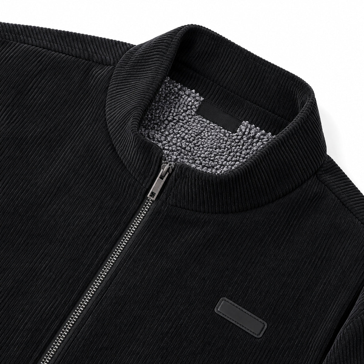 Men's Black Stand Collar Loose Casual Jacket (Fleece-lined)