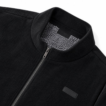 Men's Black Stand Collar Loose Casual Jacket (Fleece-lined)