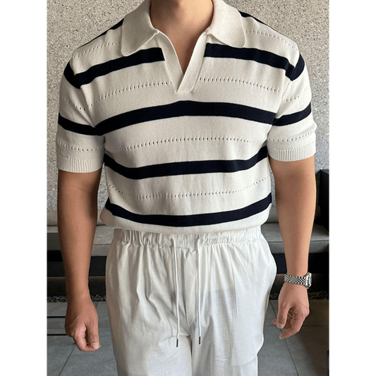 Men'S Striped Knit Short Sleeve Polo Shirt