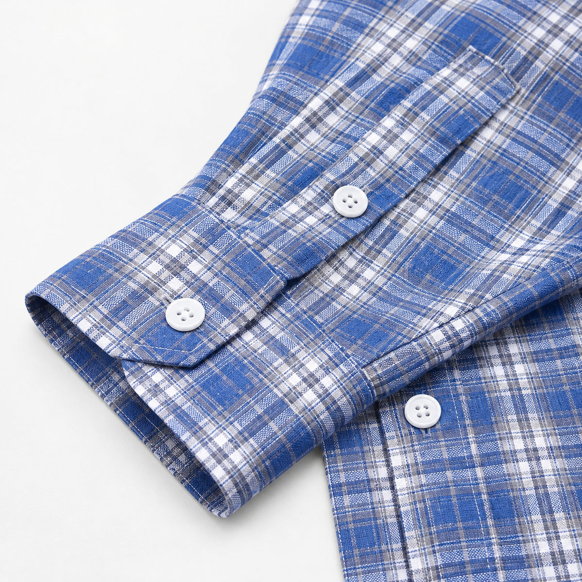 Men's Blue Plaid Loose Casual Long-Sleeved Shirt