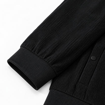 Men's Black Stand Collar Loose Casual Jacket (Fleece-lined)