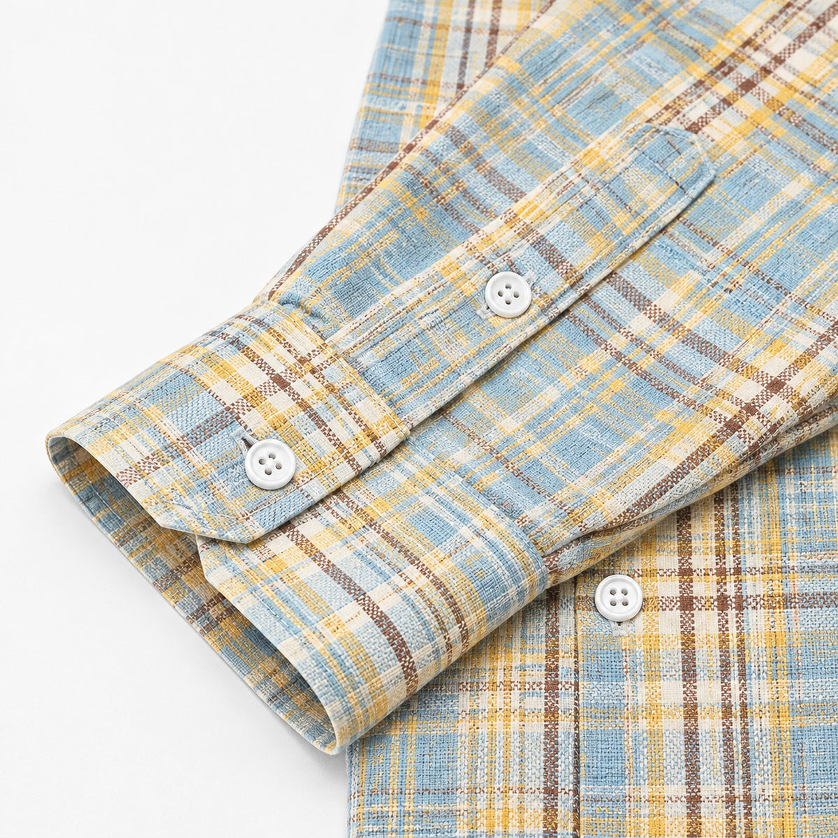 Men's light blue and yellow-brown plaid loose casual long-sleeved shirt