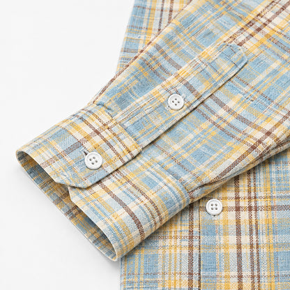 Men's light blue and yellow-brown plaid loose casual long-sleeved shirt