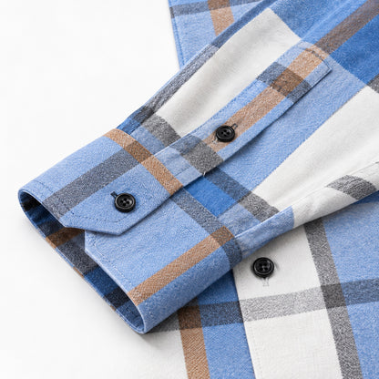 Men's fashionable blue and white checkered long-sleeved shirt