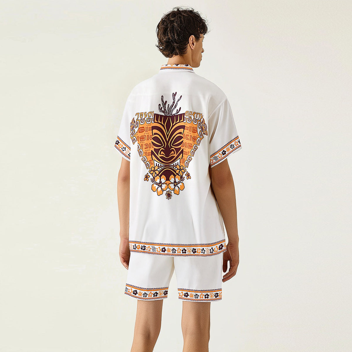 Hawaiian Tiki Themed Pattern Short Sleeve Camp Collar Shirt