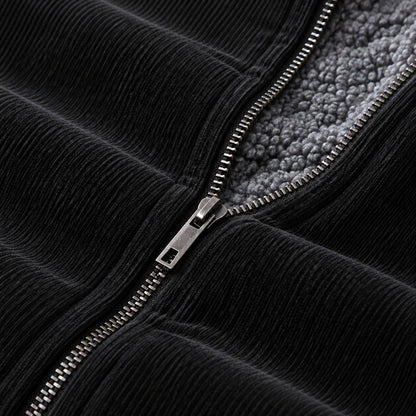 Men's Black Stand Collar Loose Casual Jacket (Fleece-lined)