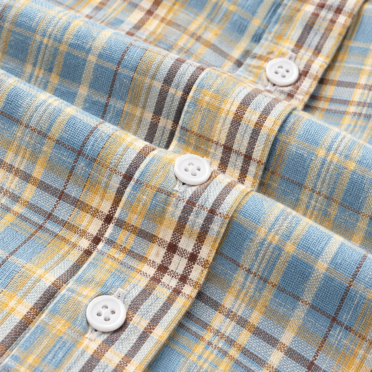 Men's light blue and yellow-brown plaid loose casual long-sleeved shirt