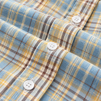Men's light blue and yellow-brown plaid loose casual long-sleeved shirt