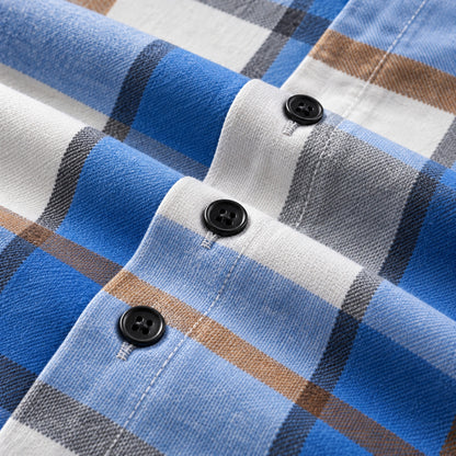 Men's fashionable blue and white checkered long-sleeved shirt