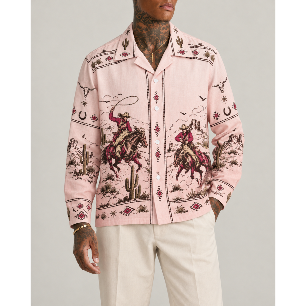 Light Pink Foundation Western Cowboy Print Long Sleeve Camp Collar Shirt