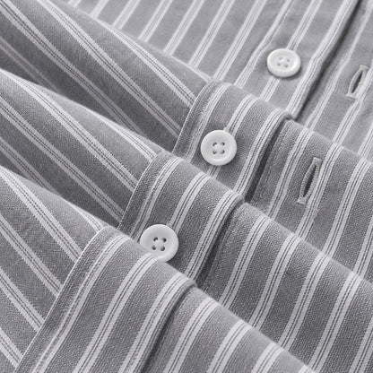 Men's gray and white striped loose casual long-sleeved shirt