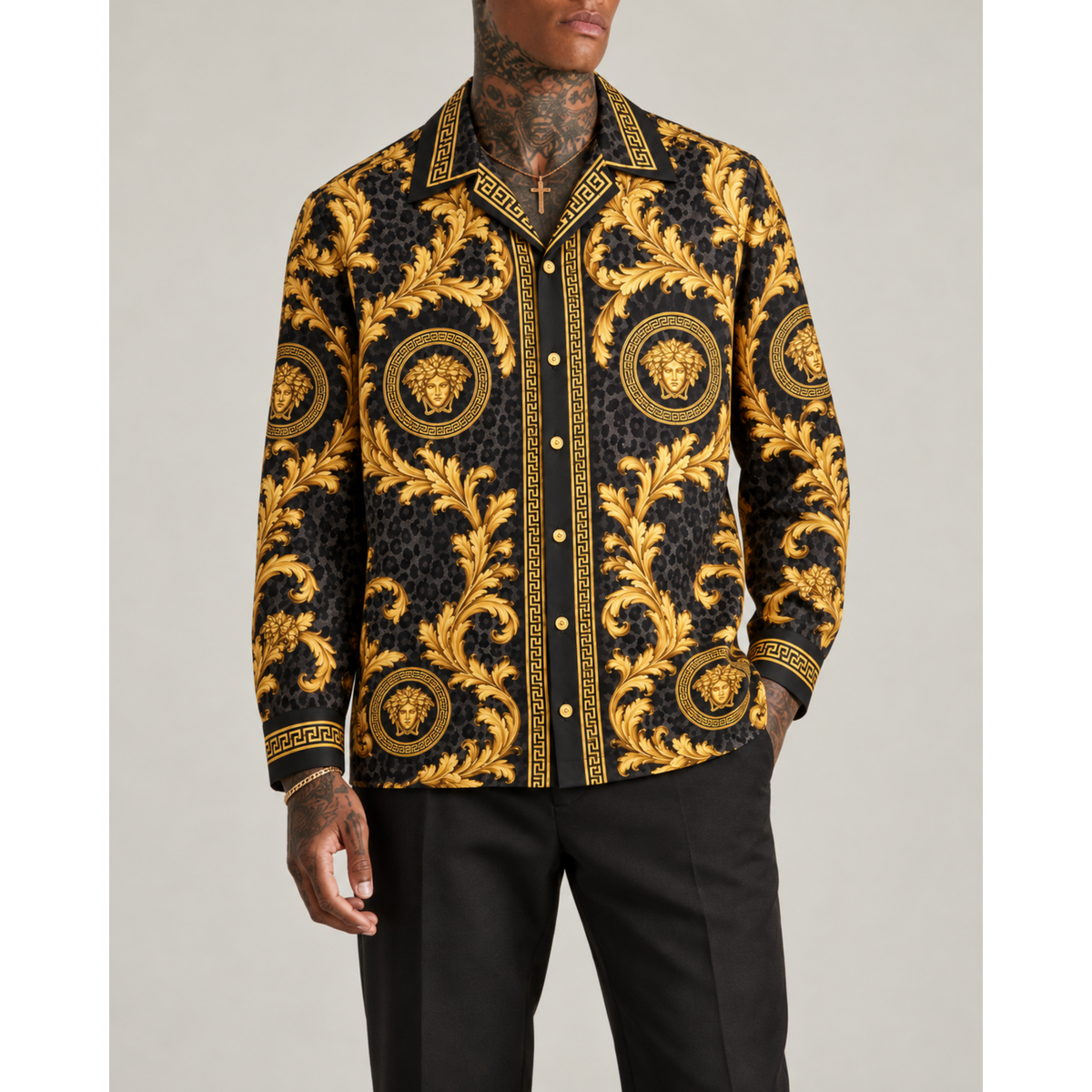Black Baroque with Gold Patterns Print Long Sleeve Camp Collar Shirt