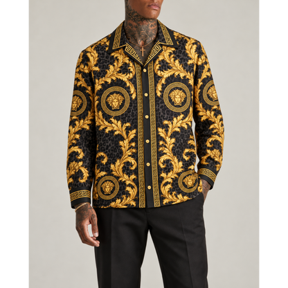 Black Baroque with Gold Patterns Print Long Sleeve Camp Collar Shirt