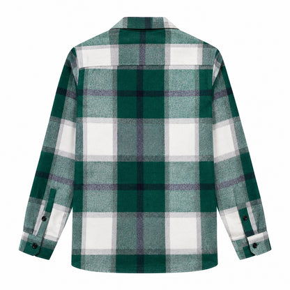 Men's fashionable green and white checkered long-sleeved shirt