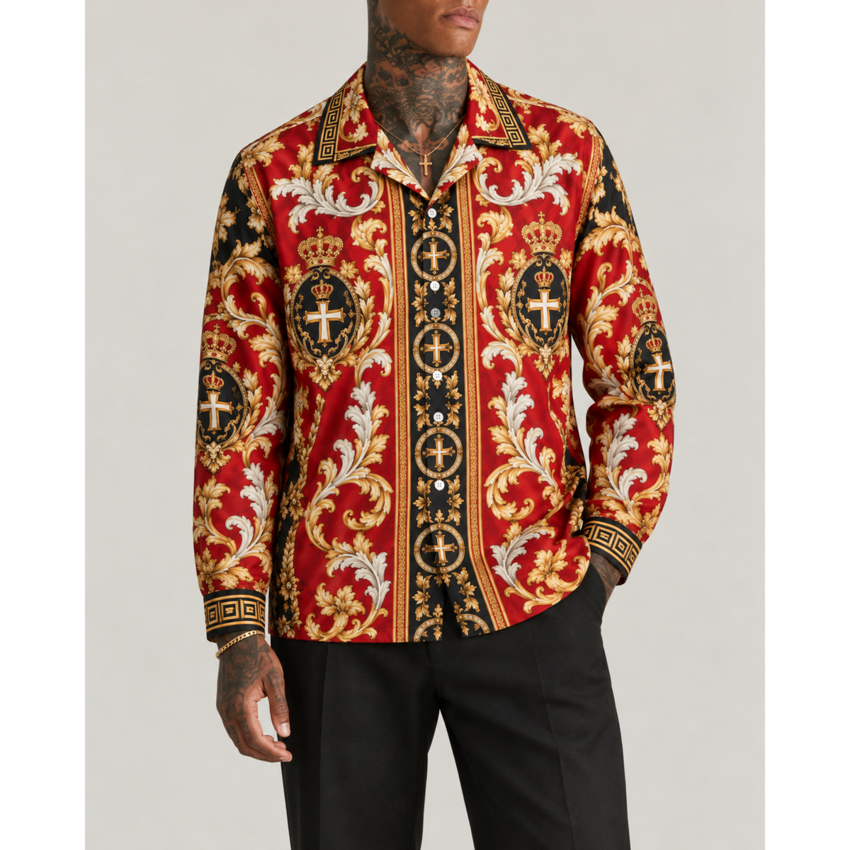 Baroque Crown and Cross Emblem Print Long Sleeve Camp Collar Shirt