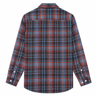 Men’s red and blue plaid loose-fit casual long-sleeve shirt