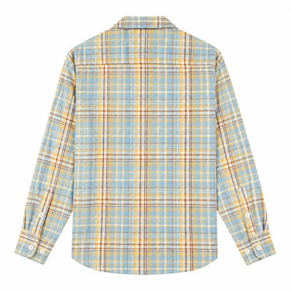 Men's light blue and yellow-brown plaid loose casual long-sleeved shirt
