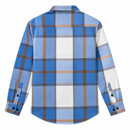 Men's fashionable blue and white checkered long-sleeved shirt