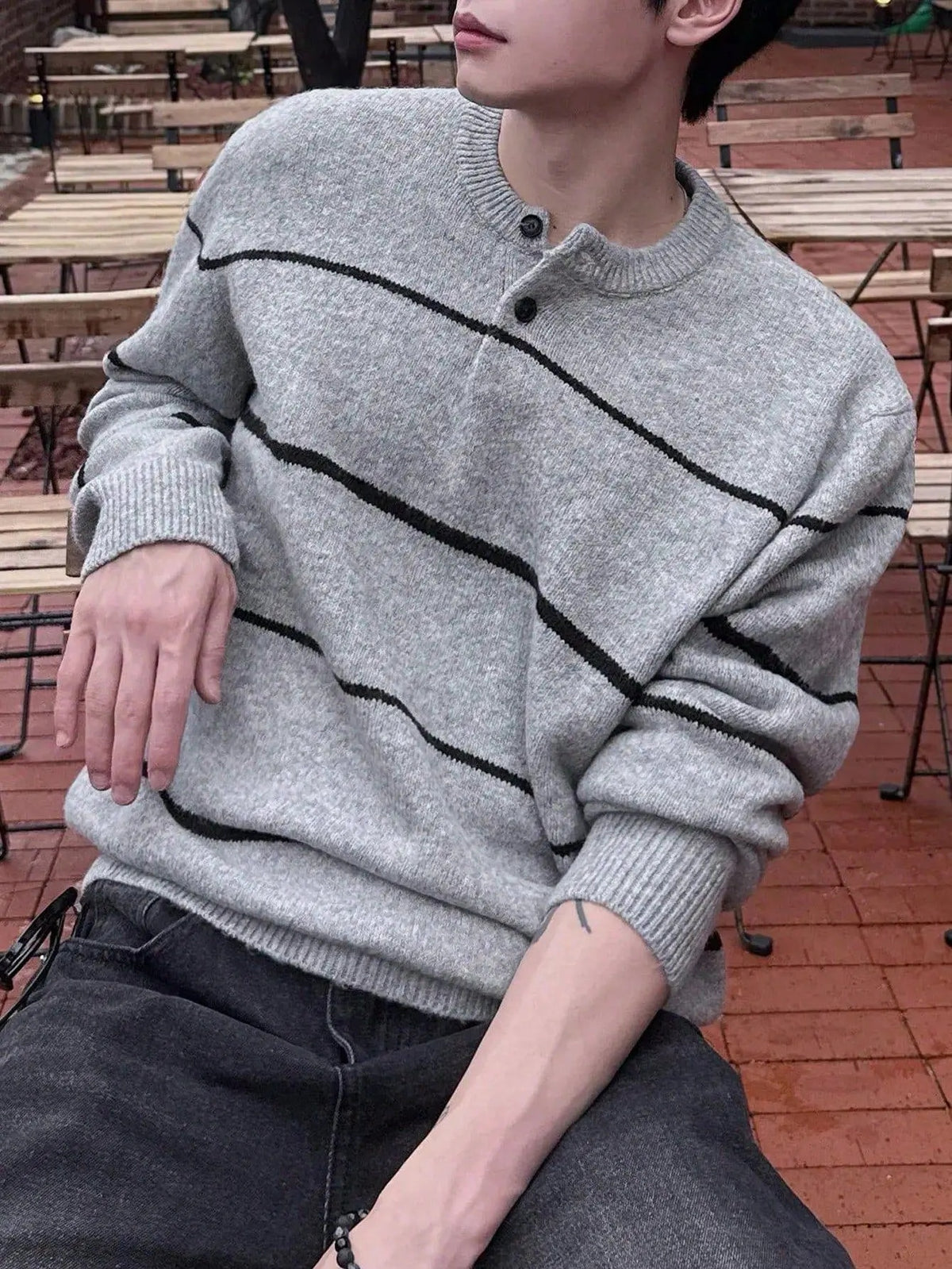 Men's Henley Collar Striped Knit Sweater