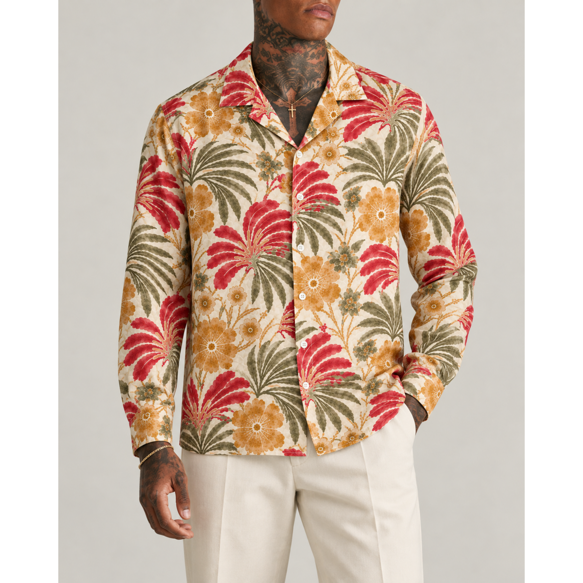 Tropical flowers and palm leaves Print Long Sleeve Camp Collar Shirt