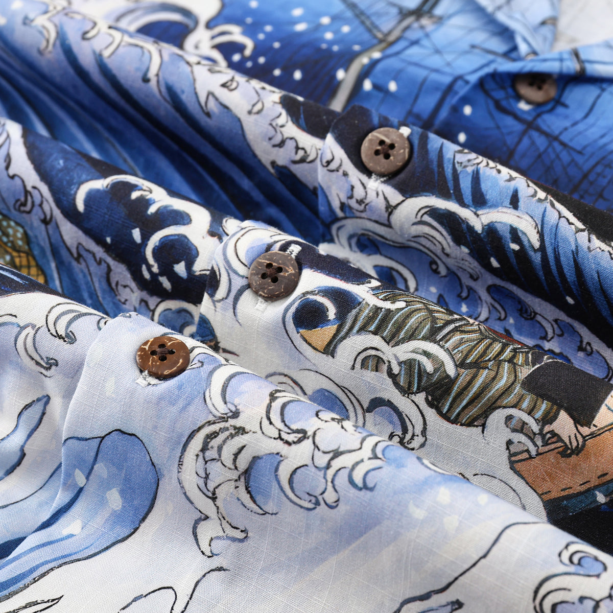 Sea Wave Ukiyoe Style Button Short Sleeve Shirt