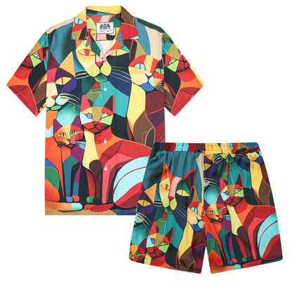 Colorful Cat Print Elastic Waistband Casual Shorts