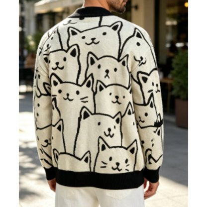 Cartoon Cat Print Men’s Knit Sweater