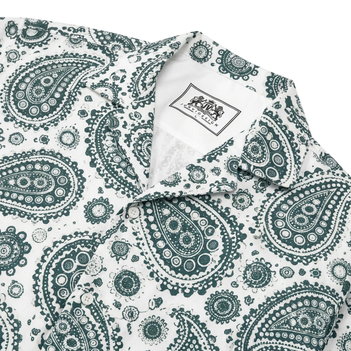 Dark green paisley cashew flower Print Long Sleeve Camp Collar Shirt