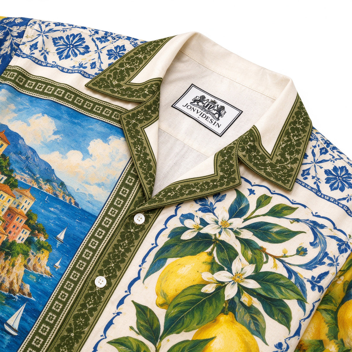 Lemon Coast Oil Painting Print Long Sleeve Camp Collar Shirt