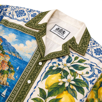 Lemon Coast Oil Painting Print Long Sleeve Camp Collar Shirt