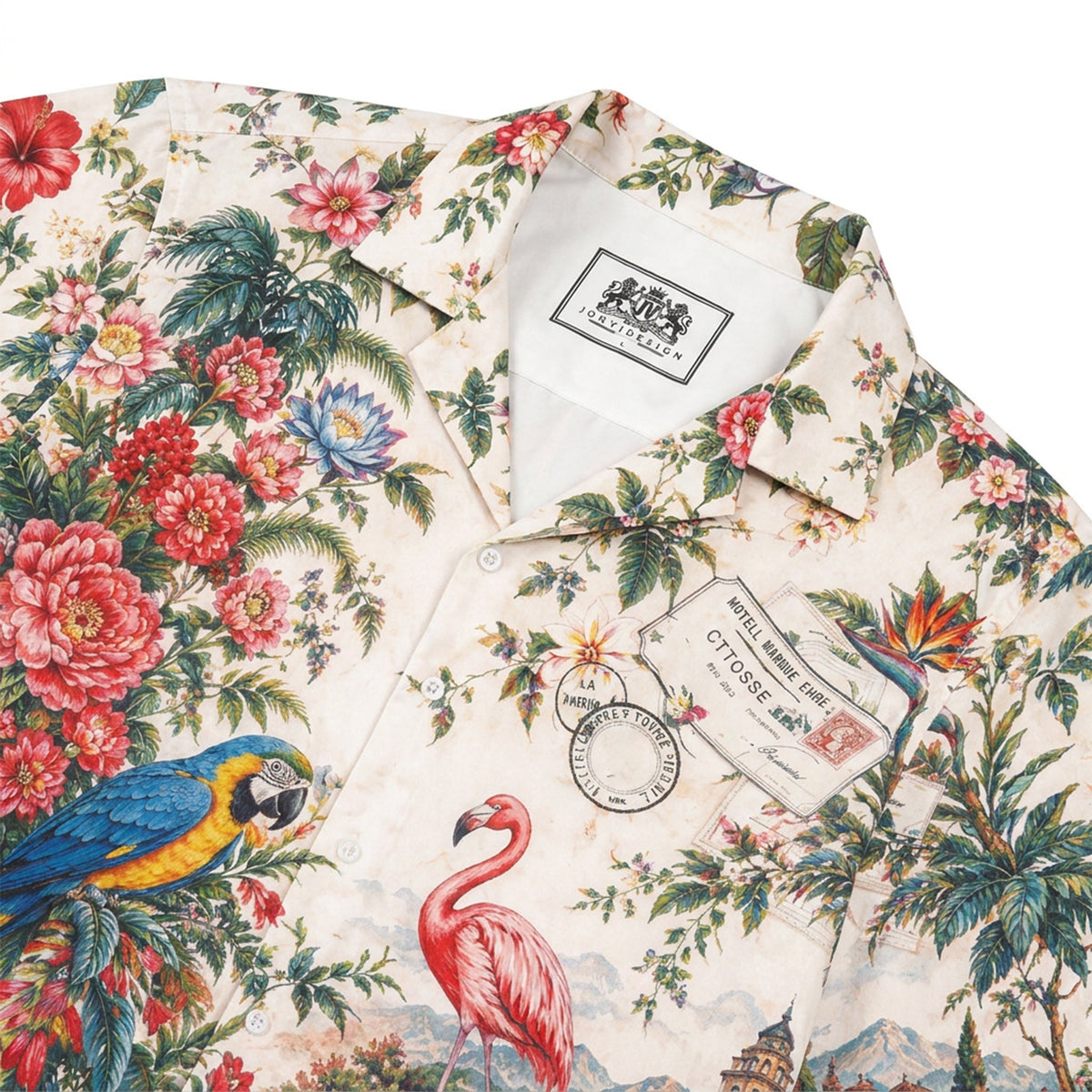 Vintage Tropical Parrot Flamingo Floral Camp Collar Shirt