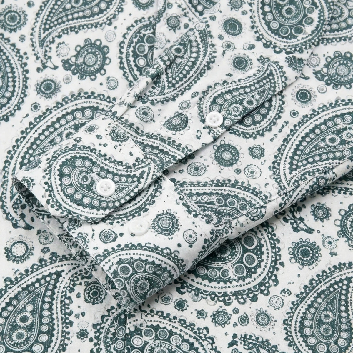 Dark green paisley cashew flower Print Long Sleeve Camp Collar Shirt