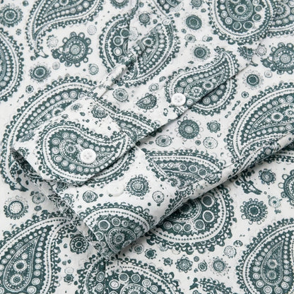 Dark green paisley cashew flower Print Long Sleeve Camp Collar Shirt