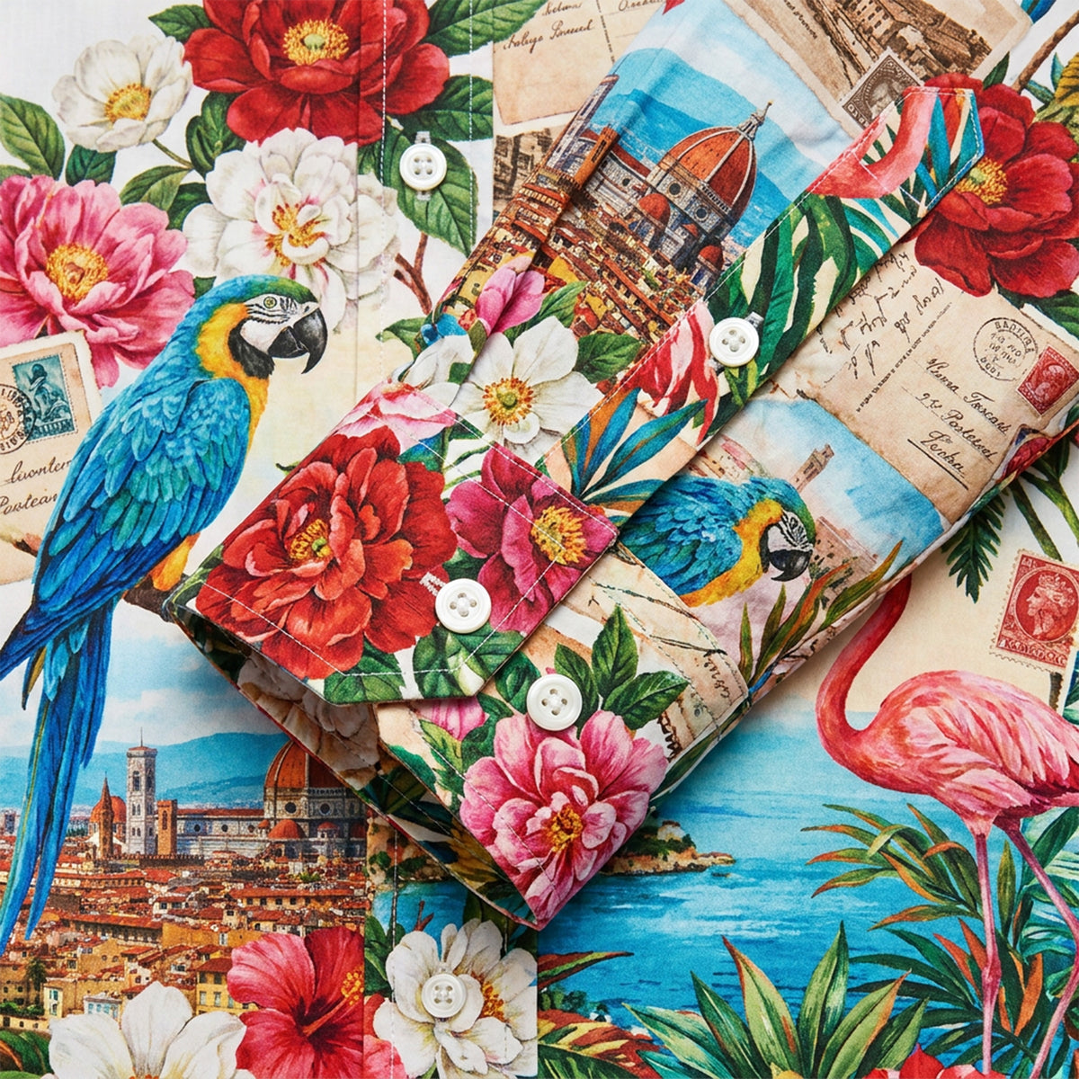 Vintage Tropical Parrot Flamingo Floral Camp Collar Shirt