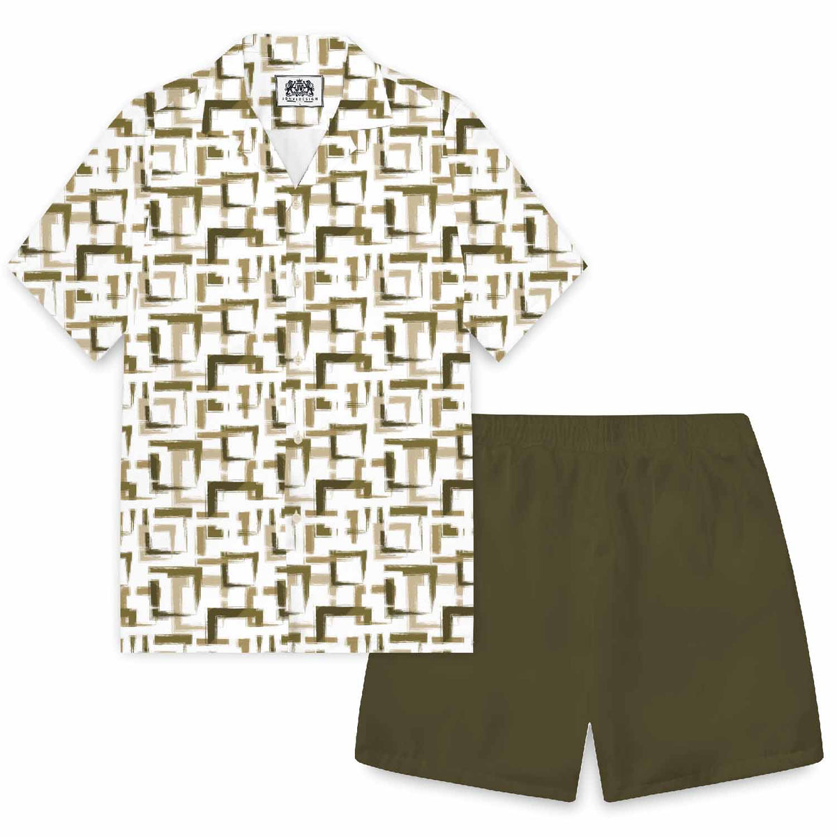 Geometric Square Block Pattern Camp Collar Short Sleeve Shirt