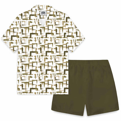 Geometric Square Block Pattern Camp Collar Short Sleeve Shirt