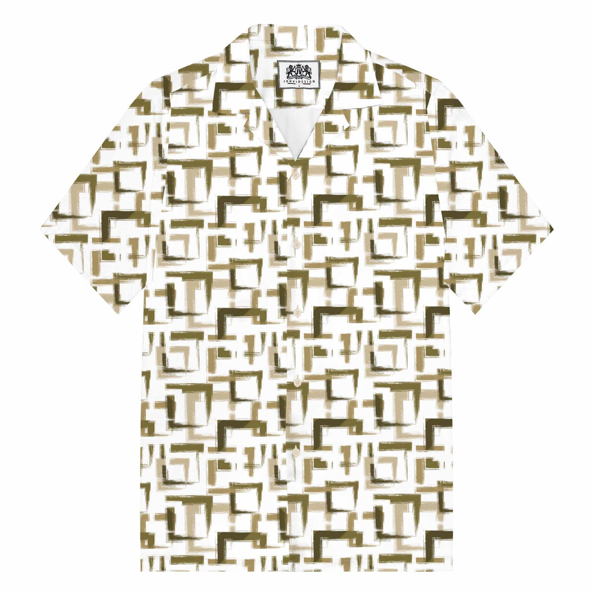 Geometric Square Block Pattern Camp Collar Short Sleeve Shirt