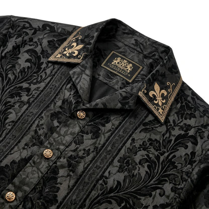 Black Iris Baroque Print Long Sleeve Camp Collar Shirt