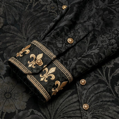 Black Iris Baroque Print Long Sleeve Camp Collar Shirt
