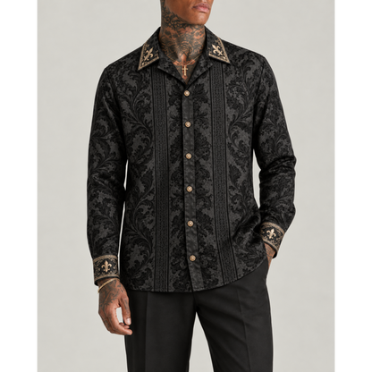 Black Iris Baroque Print Long Sleeve Camp Collar Shirt